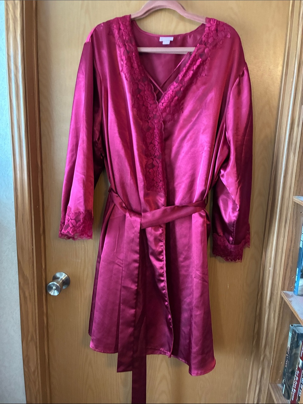 Satin Lace-Trim Robe and slip nightgown in Magenta Romantic Luxe Wrap Cover-Up